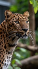 Fototapeta premium Graceful leopard portrait in lush environment highlighting its spots fur and striking eyes in detailed wildlife animal photography