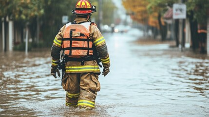 Brave firefighter navigating through flooded streets in protective gear amidst challenging weather conditions, showcasing dedication to public safety and emergency response efforts