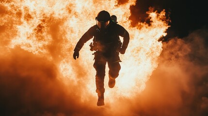 Brave firefighter rushing through flames, showcasing courage and determination amidst a dramatic, fiery backdrop in a high-action scene of rescue and heroism.