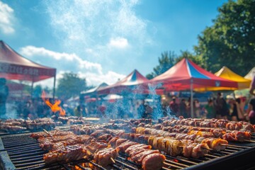 Delicious Grilled Skewers at a Sunny Outdoor Food Festival