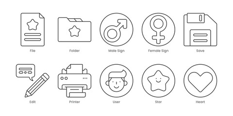 Web Outline Icons Set – Female Sign, File, Folder, Male Sign, Save, Edit, Heart, Image, Note, Printer, Editable Stroke.