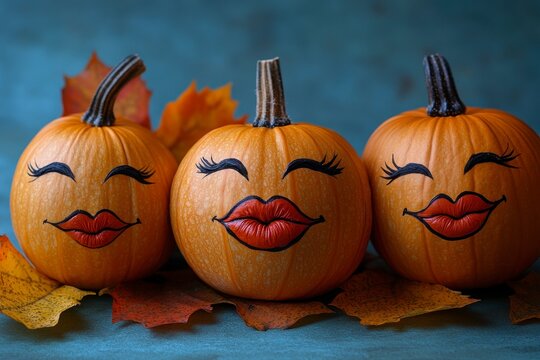 Fun pumpkins with painted faces and autumn leaves