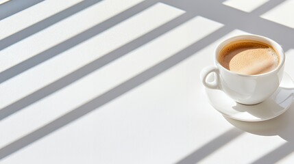 Coffee Cup on White Surface with Shadows and Sunlight