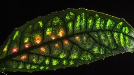 Illuminated Leaf Vein Structure: Microscopic Plant Photography