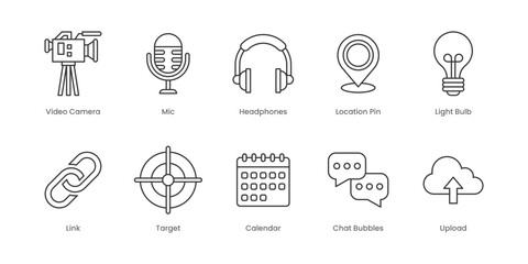 Web Outline Icons Set – Video Camera, Headphones, Location Pin, Mic, Light Bulb, Link, Target, Calendar, Chat Bubbles, Upload, Editable Stroke.