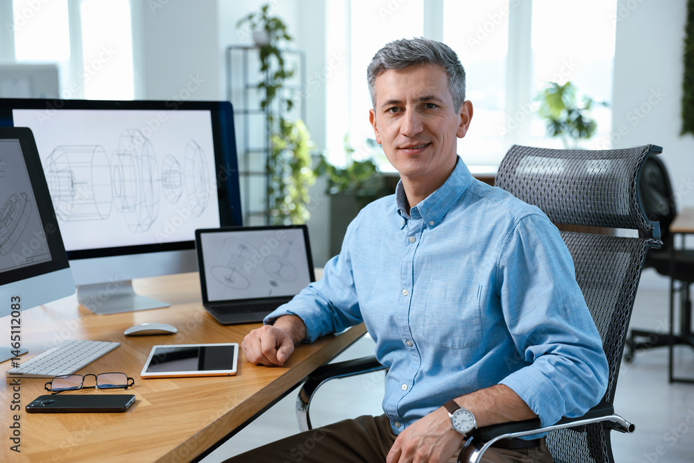 Poster portrait of smiling engineer at table with devices in office