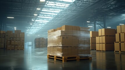 Dimly Lit Warehouse with Stacked Cardboard Boxes on Pallet
