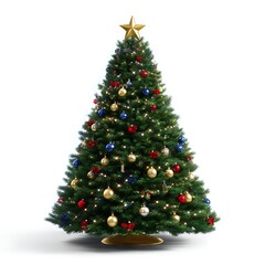 Fototapeta premium A decorated christmas tree is shown. The tree is green and adorned with red, gold, and blue ornaments