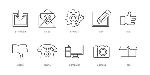 Web Outline Icons Set – Download, Email, Edit, Like, Settings, Computer, Dislike, Phone, Box, Camera, Editable Stroke.