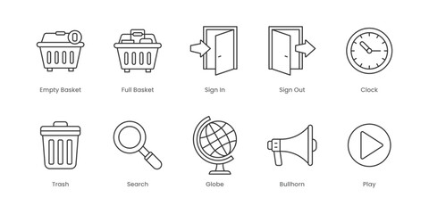 Web Outline Icons Set – Empty Basket, Full Basket, Sign In, Clock, Sign Out, Globe, Search, Trash, Bullhorn, Play, Editable Stroke.