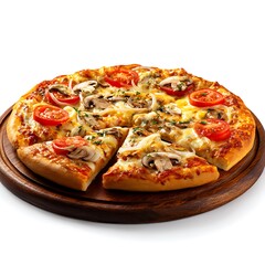 A delicious pizza on a wooden board. The pizza is topped with cheese, tomato slices, mushrooms, and onions