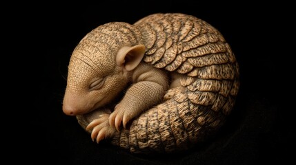 Obraz premium A baby armadillo curled up in a ball, with soft, textured armor and tiny paws visible.