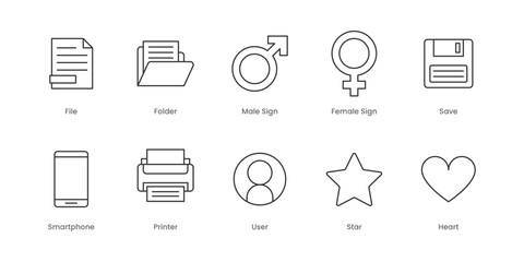 Web Outline Icons Set – File, Folder, Male Sign, Edit, Female Sign, Save, Printer, Star, User, Heart, Editable Stroke.