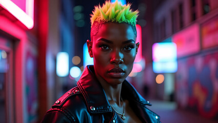 A stylish individual with green hair stands confidently in a vibrant city setting. The person is adorned with a fashionable jacket and presents a bold look, illuminated by neon lights.