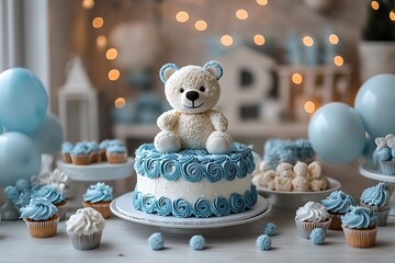 Delightful teddy bear cake and cupcakes for a baby boy's first birthday celebration