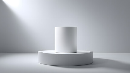 Minimalistic Cylinder Display: A solitary, elegant cylinder rests atop a simple, clean platform, bathed in a spotlight of light, the scene showcasing a sense of purity and sophistication.