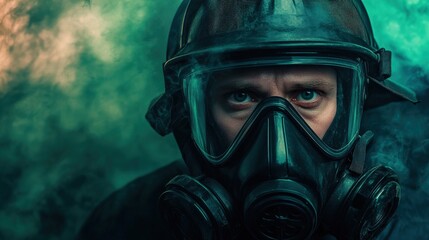 Close-Up Portrait of a Male Firefighter Wearing a Protective Respirator and Helmet with Dramatic Lighting and Smoke Effects in Background