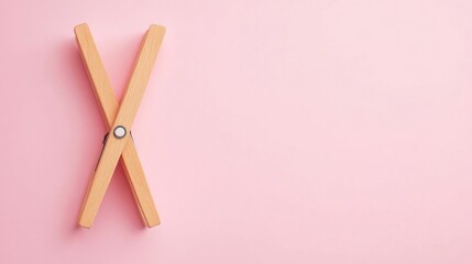 Obraz premium Wooden clothes peg in an X shape on a pink background
