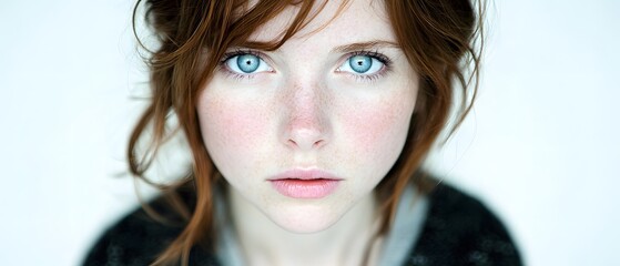 Closeup Portrait of a Young Woman with Red Hair and Blue Eyes