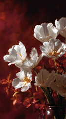 A captivating bouquet of delicate white-hot tulips set against a crimson backdrop, invoke springtime serenity.