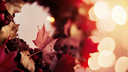 Fototapeta premium Vibrant maple leaf wreath with golden accents, red and white bokeh lights -- Celebrating Canada Day with festive elegance
