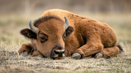 Obraz premium A baby bison lying down, resting peacefully with its head resting on the ground.