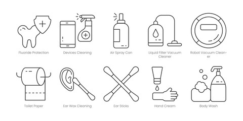 Hygiene  Outline Icons Set – Toothpaste, Dental Care, Hair Comb, Hairbrush, Paper Towel, Personal Hygiene, Bleach, Floor Sanitizer, Hand Sanitizer, Surface Sanitizer, Editable Stroke.