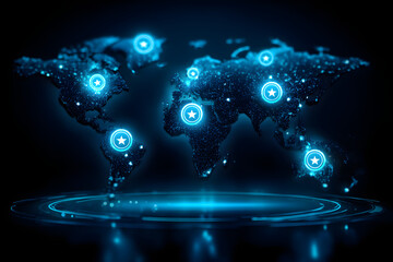 Interactive world map with glowing customer reviews by region, real-time satisfaction data, futuristic feedback visualization, high-tech interface