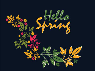 Floral Spring Design with Yellow Orange and Green Leaves and Pink Flowers on Dark Background