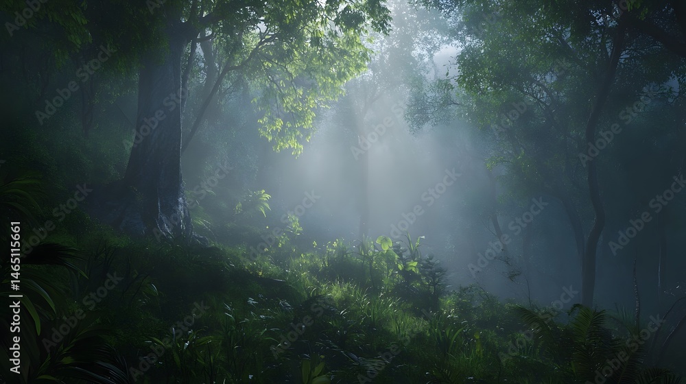Poster serene and mysterious misty forest scene with lush green foliage towering trees and soft natural lig