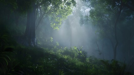 Serene and mysterious misty forest scene with lush green foliage towering trees and soft natural light filtering through the canopy