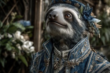 Sloth dressed in ornate blue attire surrounded by flowers in a whimsical garden setting during the daytime