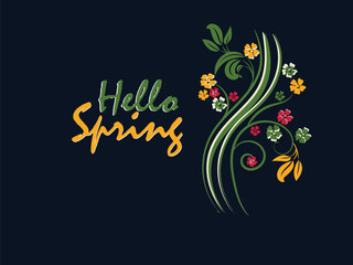 Hello Spring Floral Design with Colorful Flowers and Green Leaves on Dark Background