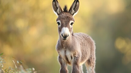 Fototapeta premium A baby donkey standing upright with floppy ears, eyes full of curiosity and innocence.