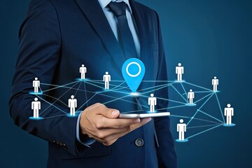 Businessman holding a tablet with location pin and network of people connected with lines