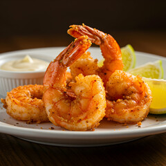 Close up of fried shrimp served on a white plate with lime wedges and a side of creamy dipping sauce