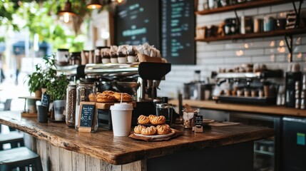 Cozy Coffee Shop Interior with Rustic Wooden Countertop, Fresh Pastries on Display, and a Warm Atmosphere of Relaxation and Comfort