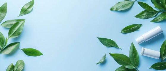 Naklejka premium Fresh, natural lip balm products surrounded by vibrant green leaves on a light blue background