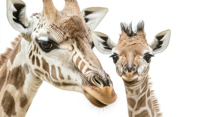 Fototapeta premium A baby giraffe with large, curious eyes standing next to its mother, on a white background