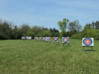 Row of Archery Targets on Grass Field Under Blue Sky