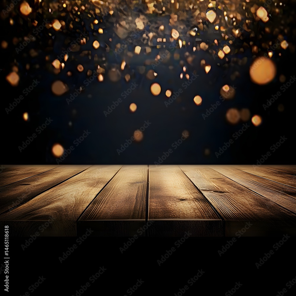 Poster a wooden table surface with a dark background featuring a blurred sparkling bokeh effect creating a 