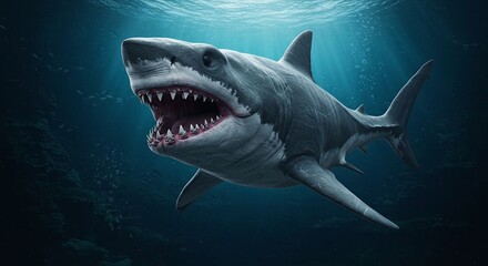 Naklejka premium Great White Shark Swimming Underwater with Open Mouth and Visible Teeth