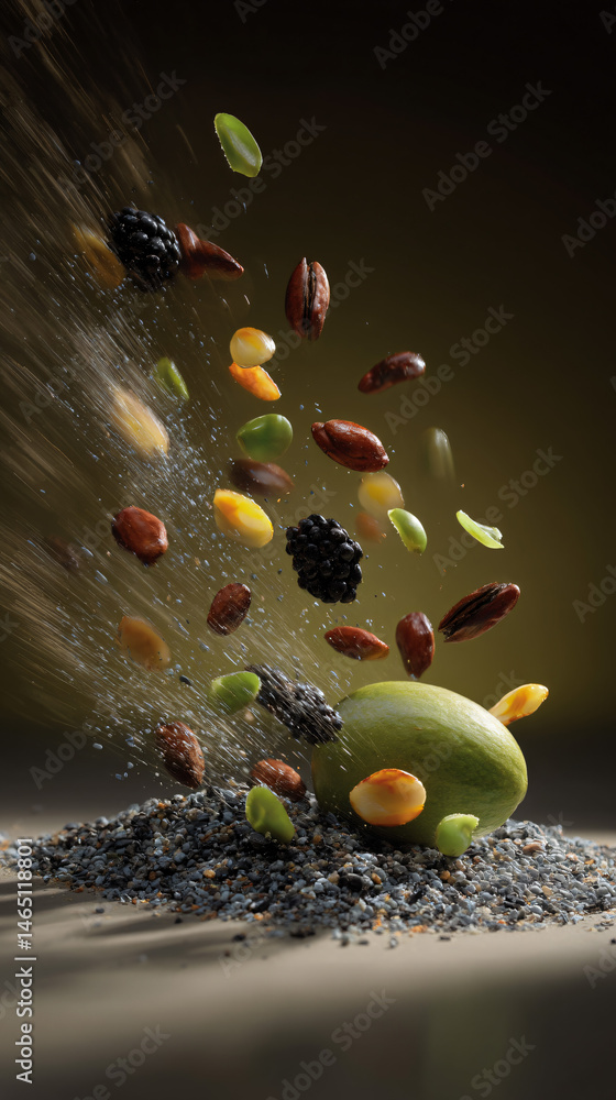Poster a dynamic display of intelligent component superfoods in full motion.