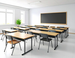 Naklejka premium A classroom interior shows empty chairs around a wooden table, suggesting a space for school meetings or business conferences