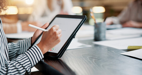 Business person, hands and writing on tablet screen in meeting for website testing, campaign...