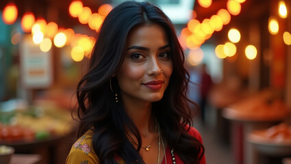 A captivating woman with a radiant smile, standing in a vibrant market. The warm glow of lights create a mesmerizing ambiance. 