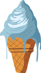 This illustration shows a stylized blue ice cream swirl melting over a classic waffle cone, depicted in a flat cartoon style.