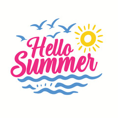 Hello summer vector illustration with sun, flying birds, and sea waves in a bright and playful tropical style