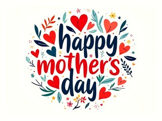 Mother's Day Festive Happy Mother's Day Circular Design with Hearts, Flowers, and Foliage on White 