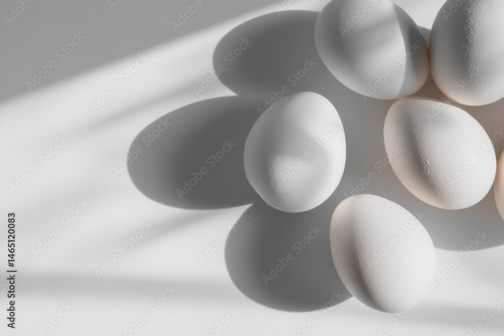 Poster Soft Shadows Cast by White Eggs on a Minimalist Backdrop for Creative Branding Opportunities in Culinary Design Generative AI